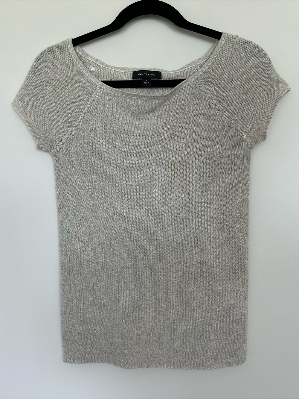 Ann Taylor Short Sleeve Metallic Knit Top - Light Silver